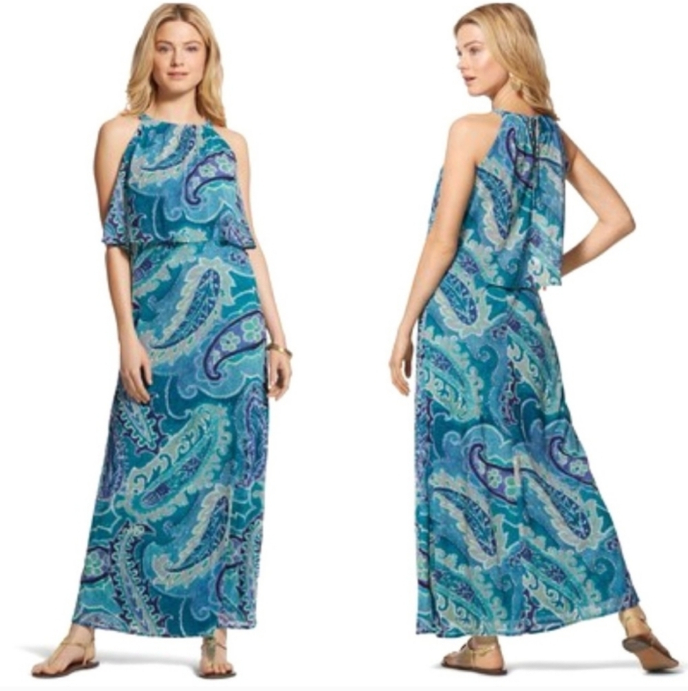 Chico's Sleeveless Halter Ocean Paisley Bib Maxi Dress Womens 3 XL Coastal Boho